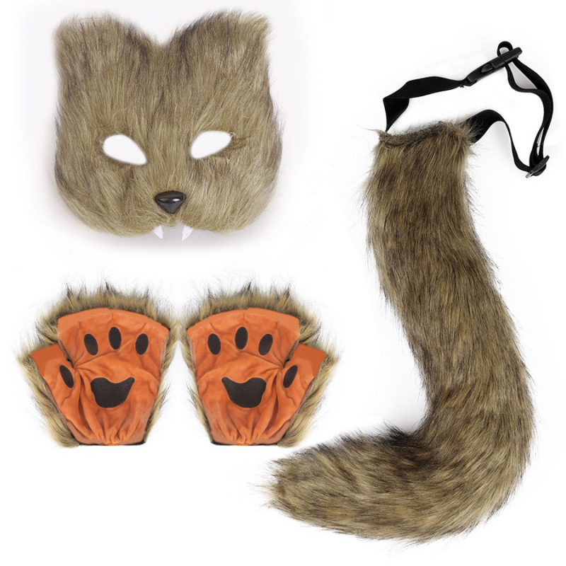 Нов стил реалистична маска от лисица, ръкавици, кадифена опашка от лисица, ръчна кукла, косплей реквизит, комплект костюми за Хелоуин на едро