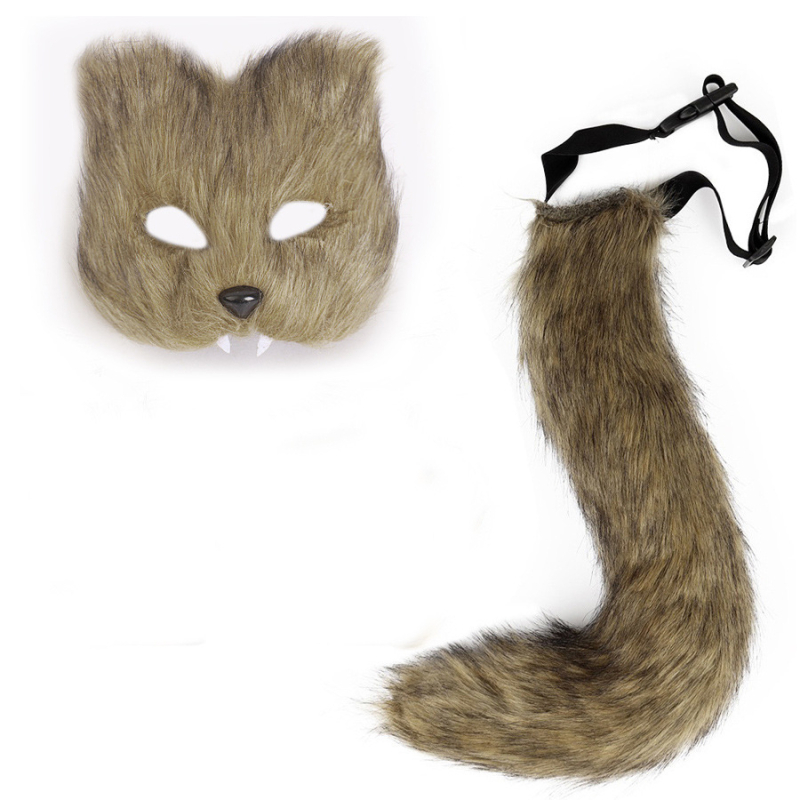 Нов стил реалистична маска от лисица, ръкавици, кадифена опашка от лисица, ръчна кукла, косплей реквизит, комплект костюми за Хелоуин на едро