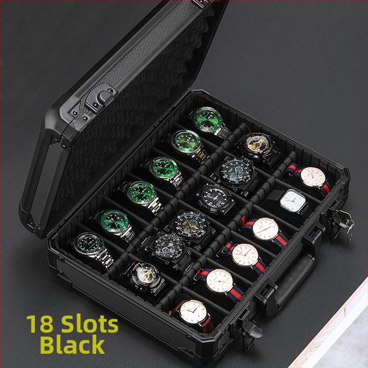 Nepermatoma aliuminio lydinio laikrodžių dėžutė, daugiapakopė juoda pakuotės dėžutė laikrodžiams, kilnojama pertvarinė laikrodžių laikymo dėžutė, gali būti siunčiama kitų vardu