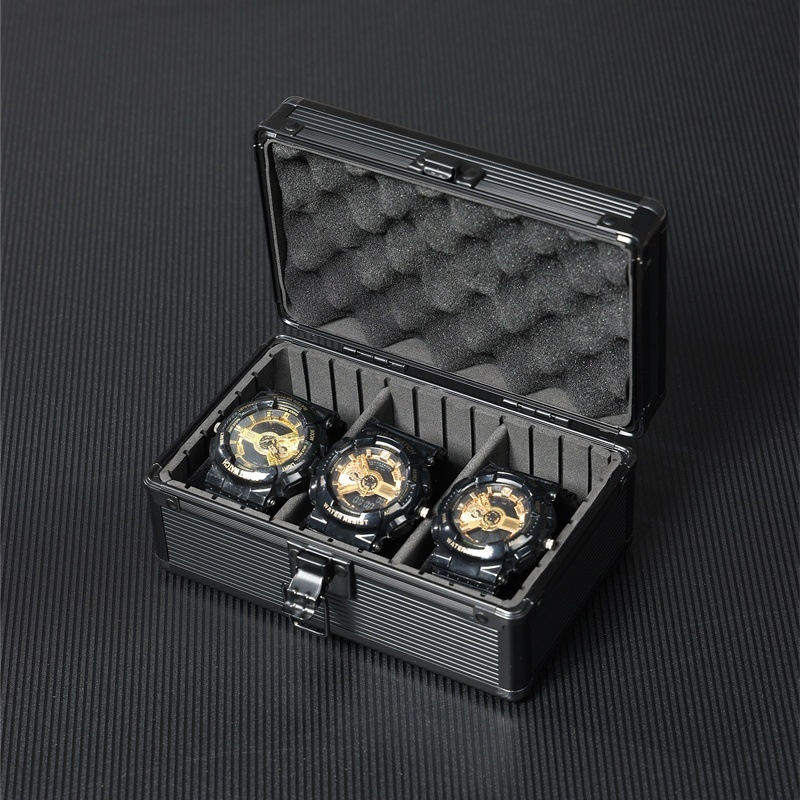 Nepermatoma aliuminio lydinio laikrodžių dėžutė, daugiapakopė juoda pakuotės dėžutė laikrodžiams, kilnojama pertvarinė laikrodžių laikymo dėžutė, gali būti siunčiama kitų vardu