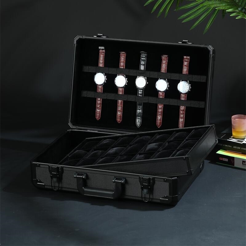 Nepermatoma aliuminio lydinio laikrodžių dėžutė, daugiapakopė juoda pakuotės dėžutė laikrodžiams, kilnojama pertvarinė laikrodžių laikymo dėžutė, gali būti siunčiama kitų vardu