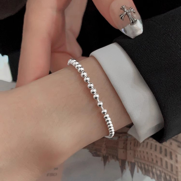 S925 srebrna okrugla narukvica s perlicama za žene, podesiva na izvlačenje, hladni stil, nišni dizajn, jednostavna narukvica s laganim perlicama u obliku graha