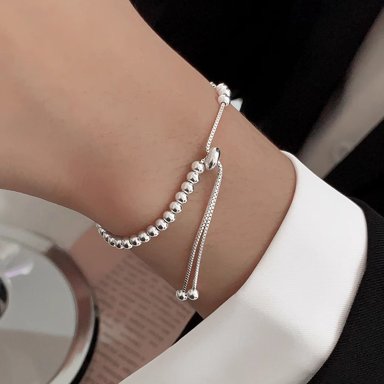 S925 srebrna okrugla narukvica s perlicama za žene, podesiva na izvlačenje, hladni stil, nišni dizajn, jednostavna narukvica s laganim perlicama u obliku graha