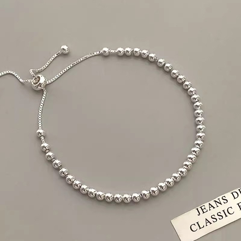 S925 srebrna okrugla narukvica s perlicama za žene, podesiva na izvlačenje, hladni stil, nišni dizajn, jednostavna narukvica s laganim perlicama u obliku graha