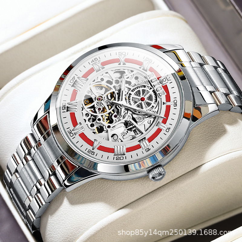 RUIGE kahepoolne õõnes automaatne meeste mehaaniline käekell, piiriülene hulgimüügi helendav veekindel terasrihmaga moekell