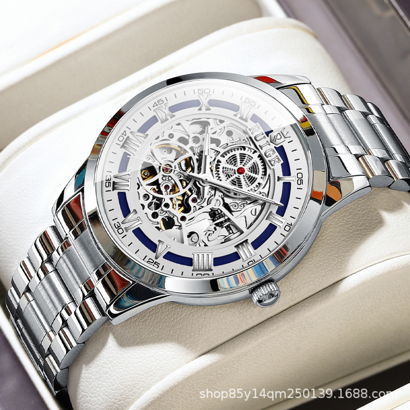 RUIGE kahepoolne õõnes automaatne meeste mehaaniline käekell, piiriülene hulgimüügi helendav veekindel terasrihmaga moekell