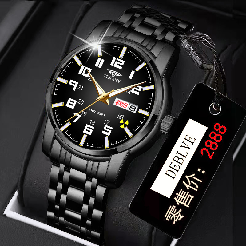 Kindel kahekordse kalendriga mehaanilise skaneeriva nõelaga kell, veekindel kvartskell, moodne piiriülene väliskaubanduse kell meestele