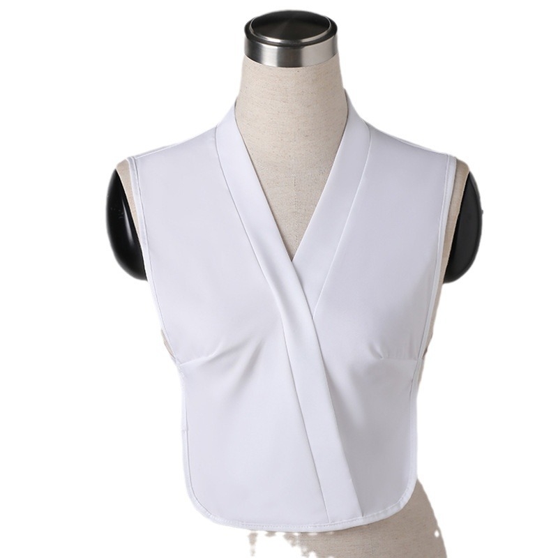 Rudens ir žiemos dekoratyviniai V formos iškirptės marškiniai su netikra apykakle, moteriški balti paprasti daugiafunkciniai marškinėliai su raukšlėms atsparia netikra apykakle