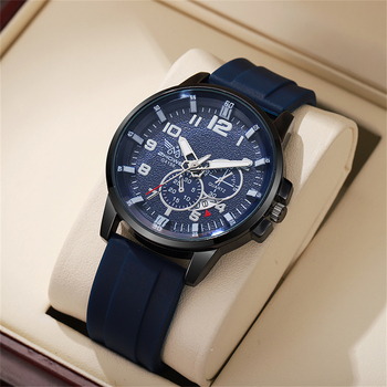 Piiriülene kuum müük suure numbrilauaga meeste võlts kolme silmaga kalendriga kvartskella vabaaja spordimeeste silikoonkell laos