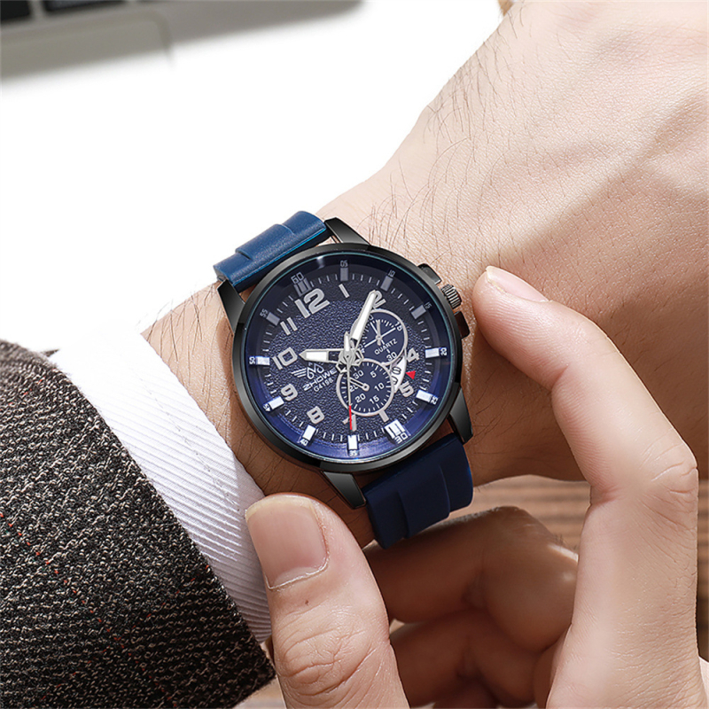 Piiriülene kuum müük suure numbrilauaga meeste võlts kolme silmaga kalendriga kvartskella vabaaja spordimeeste silikoonkell laos