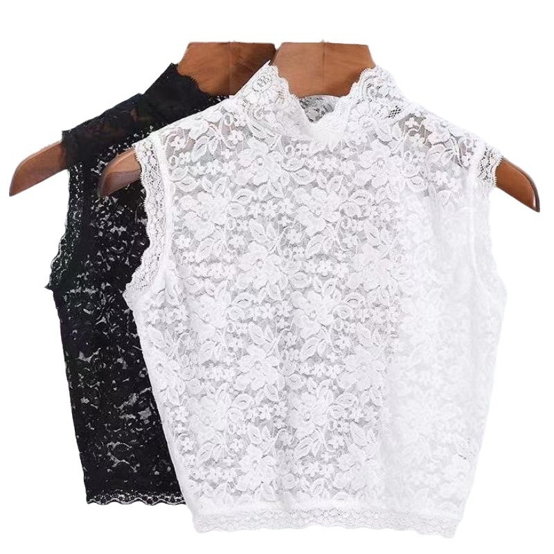 Nauji rudens ir žiemos universalūs netikro apykaklės megztiniai su aukšta elastine nėrinių pagrindo medžiaga moteriški pavasario ir rudens dekoratyviniai nėrinių marškiniai su netikra apykakle