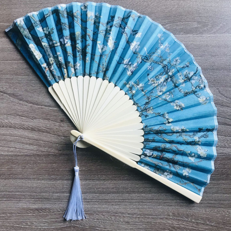 Mažas sulankstomas vėduoklis, garsių Europos paveikslų, 21 cm, dviejų žalių spalvų, plokščias, bambuko kaulo formos, reklaminis, dovanų sulankstomas vėduoklis