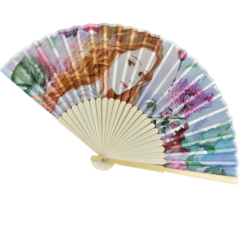 Mažas sulankstomas vėduoklis, garsių Europos paveikslų, 21 cm, dviejų žalių spalvų, plokščias, bambuko kaulo formos, reklaminis, dovanų sulankstomas vėduoklis