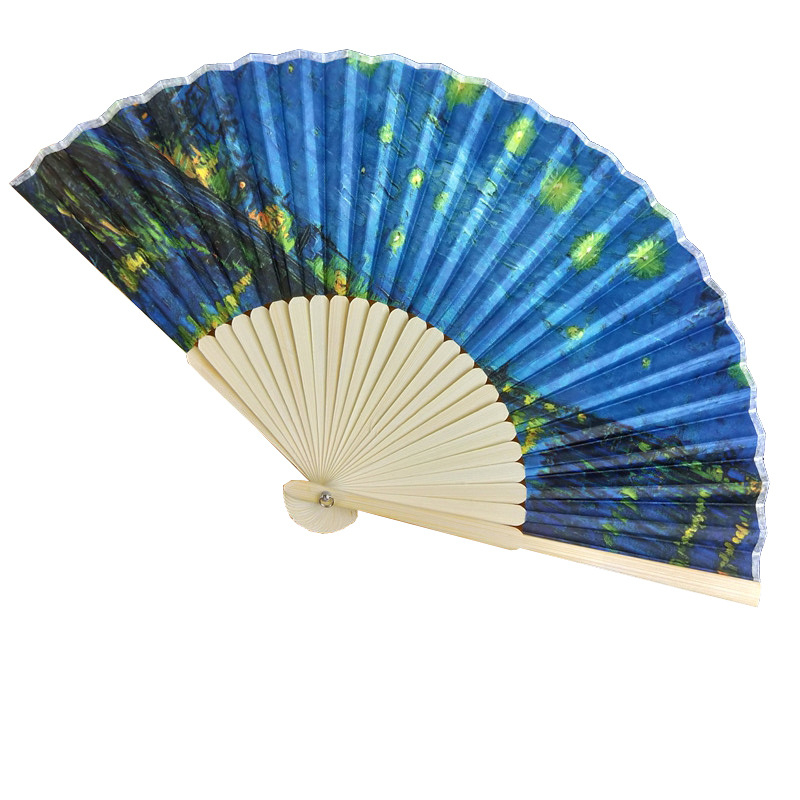 Mažas sulankstomas vėduoklis, garsių Europos paveikslų, 21 cm, dviejų žalių spalvų, plokščias, bambuko kaulo formos, reklaminis, dovanų sulankstomas vėduoklis