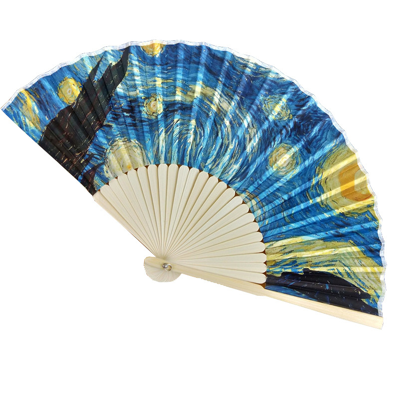 Mažas sulankstomas vėduoklis, garsių Europos paveikslų, 21 cm, dviejų žalių spalvų, plokščias, bambuko kaulo formos, reklaminis, dovanų sulankstomas vėduoklis