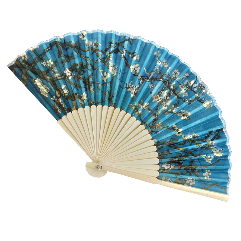 Mažas sulankstomas vėduoklis, garsių Europos paveikslų, 21 cm, dviejų žalių spalvų, plokščias, bambuko kaulo formos, reklaminis, dovanų sulankstomas vėduoklis