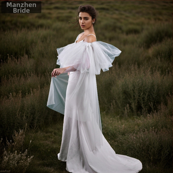 Manzhen pikk valge peamine pulmakleit, pruudi varrukaümbris, stuudiokujuline, pikk võrgust varrukaümbris, aksessuaarid MM12