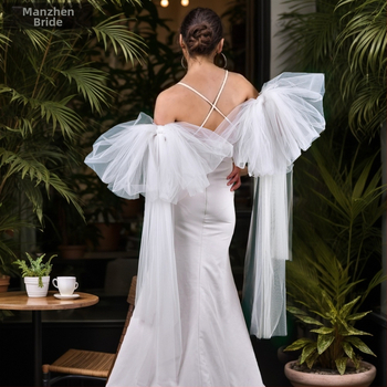 Manzhen pikk valge peamine pulmakleit, pruudi varrukaümbris, stuudiokujuline, pikk võrgust varrukaümbris, aksessuaarid MM12