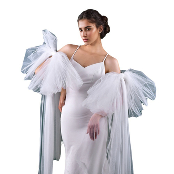 Manzhen pikk valge peamine pulmakleit, pruudi varrukaümbris, stuudiokujuline, pikk võrgust varrukaümbris, aksessuaarid MM12