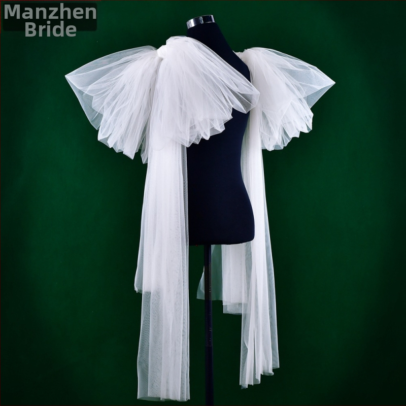 Manzhen pikk valge peamine pulmakleit, pruudi varrukaümbris, stuudiokujuline, pikk võrgust varrukaümbris, aksessuaarid MM12