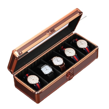 Πρωτότυπο κουτί αποθήκευσης ρολογιών άμεσης πώλησης, κουτί ρολογιών από κράμα αλουμινίου 5-bit, πολύχρωμο άνω κάλυμμα, διαφανές κουτί ρολογιών Dropshipping