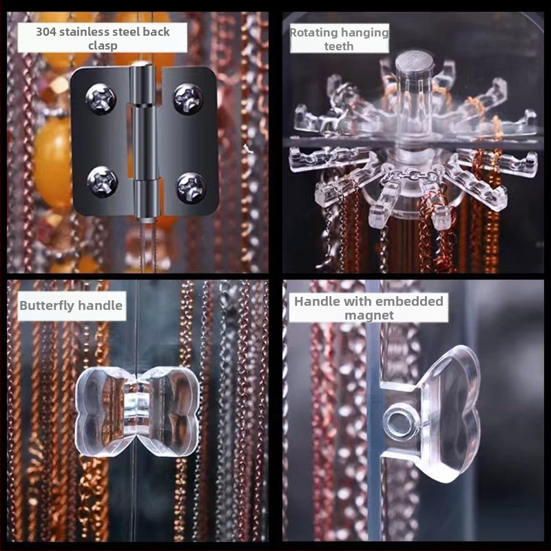 Kaklarotas, rokassprādzes, galda glabāšanas kaste, caurspīdīga pakaramā rotaslietu glabāšanas kaste, putekļu necaurlaidīga kaklarotu displeja plaukts