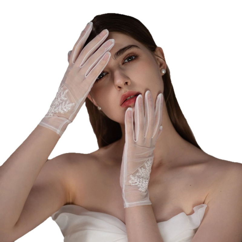 WG092 tiulio karoliukais puoštos vestuvinės pirštinės Elegantiškos baltos trumpos vestuvinės suknelės vakarienės pirštinės urmu