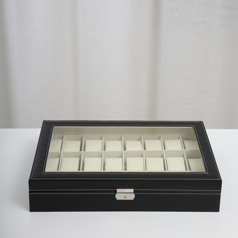 Tiesioginiai gamyklos pardavimai sandėlyje Didmeninė prekyba 24 vietų juoda PU odos laikrodžių dėžute su langeliais, aukštos klasės papuošalų laikymo dėžutė, papuošalų gaminiai
