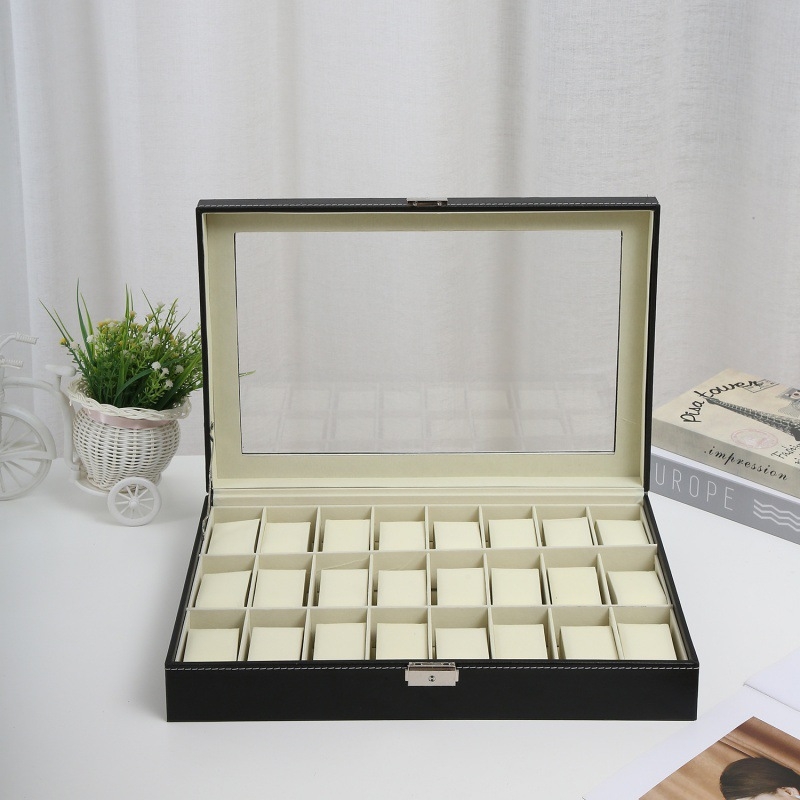 Tiesioginiai gamyklos pardavimai sandėlyje Didmeninė prekyba 24 vietų juoda PU odos laikrodžių dėžute su langeliais, aukštos klasės papuošalų laikymo dėžutė, papuošalų gaminiai