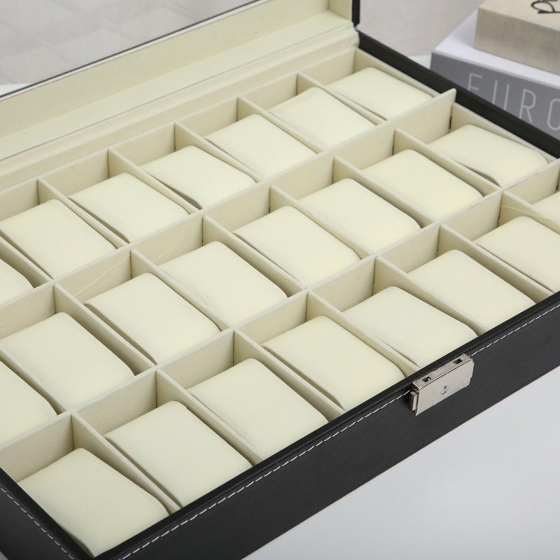 Tiesioginiai gamyklos pardavimai sandėlyje Didmeninė prekyba 24 vietų juoda PU odos laikrodžių dėžute su langeliais, aukštos klasės papuošalų laikymo dėžutė, papuošalų gaminiai