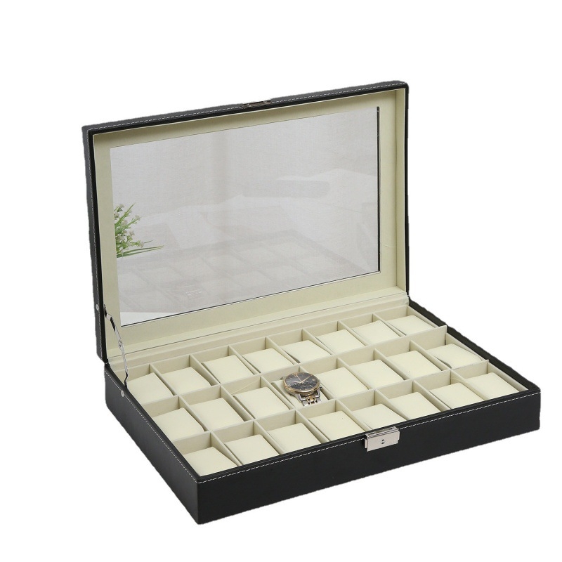 Tiesioginiai gamyklos pardavimai sandėlyje Didmeninė prekyba 24 vietų juoda PU odos laikrodžių dėžute su langeliais, aukštos klasės papuošalų laikymo dėžutė, papuošalų gaminiai