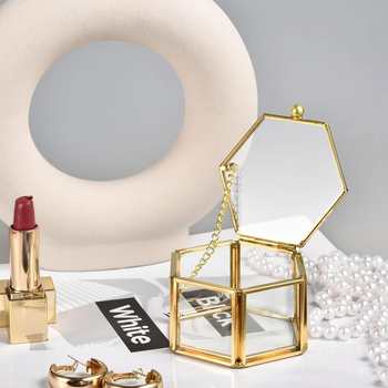 Messingist servaga klaasist ehtekarp kuusnurkne klaasist hoiuruum väikeste ehete ketas retro mini klaasist ehtekarp