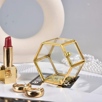 Messingist servaga klaasist ehtekarp kuusnurkne klaasist hoiuruum väikeste ehete ketas retro mini klaasist ehtekarp