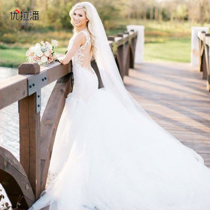 Youlapan V30 Чисто бял дълъг еднослоен голям воал за фотография Голям воал за опашка Сватбени аксесоари Корейска сватба