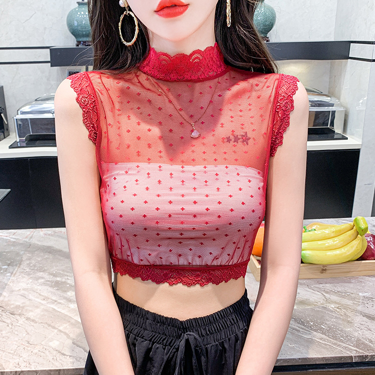 Tamprūs, prigludę, nėriniuoti marškinėliai su netikra apykakle ir imitacine apykakle, trumpi be rankovių, nėriniuoti, seksualūs, perspektyvūs, moteriški, rudens stiliaus, tiek viduje, tiek lauke.