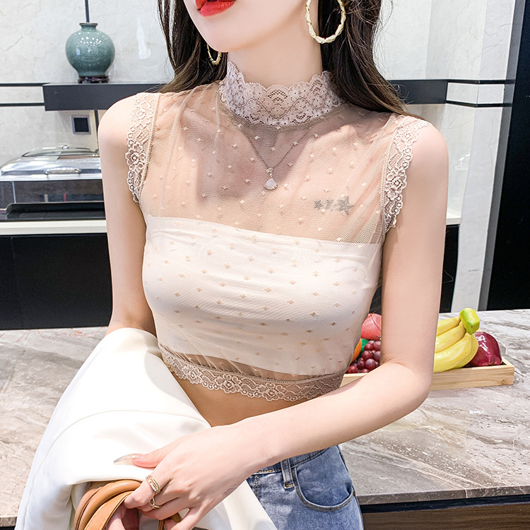 Tamprūs, prigludę, nėriniuoti marškinėliai su netikra apykakle ir imitacine apykakle, trumpi be rankovių, nėriniuoti, seksualūs, perspektyvūs, moteriški, rudens stiliaus, tiek viduje, tiek lauke.