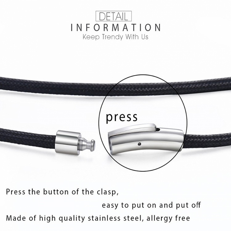 Rozsdamentes acél európai és amerikai férfi vékony szélű patent nyaklánc viaszkötél nagykereskedelmi fekete lánc bőr kötél női nyaklánc