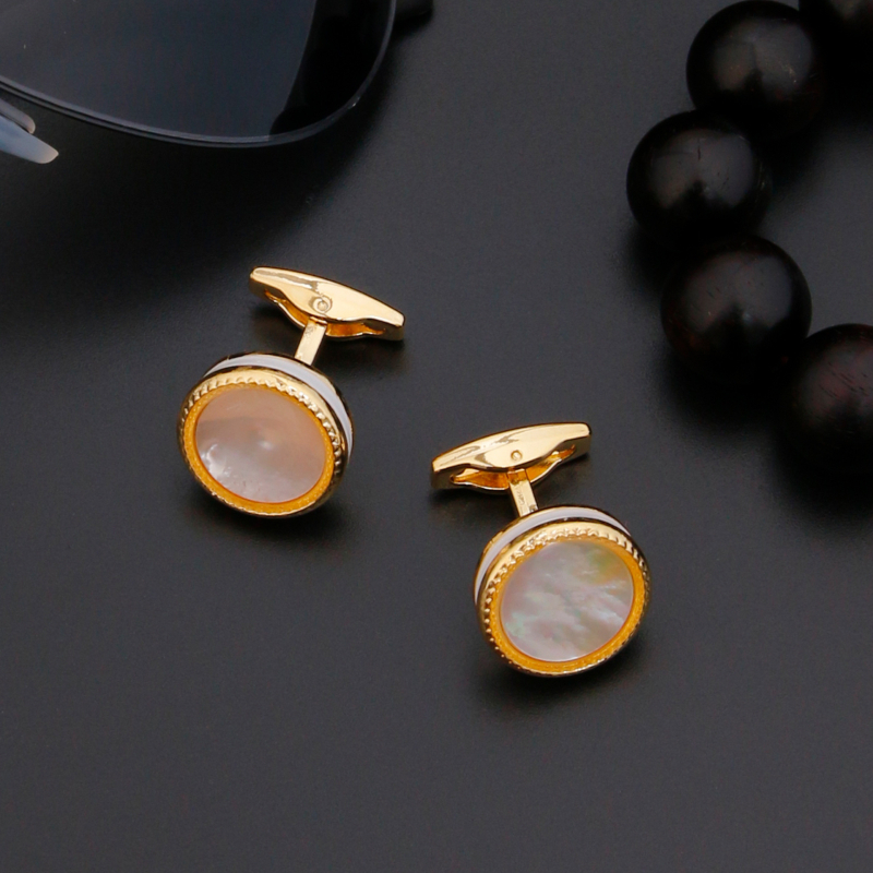 Muške manžete preko granice, vruće prodavane visokokvalitetne lagane luksuzne intarzirane školjkaste zlatne okrugle gumbe, nakit na zalihi, 1 par, veleprodaja