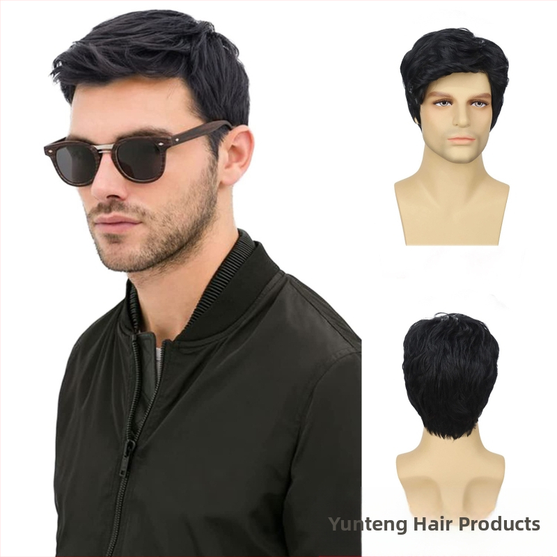 Euroopa ja Ameerika piiriülene meeste parukas kaldus tukkidega, lühike keemilisest kiust kõrge temperatuuriga siidist peakate, meeste parukas