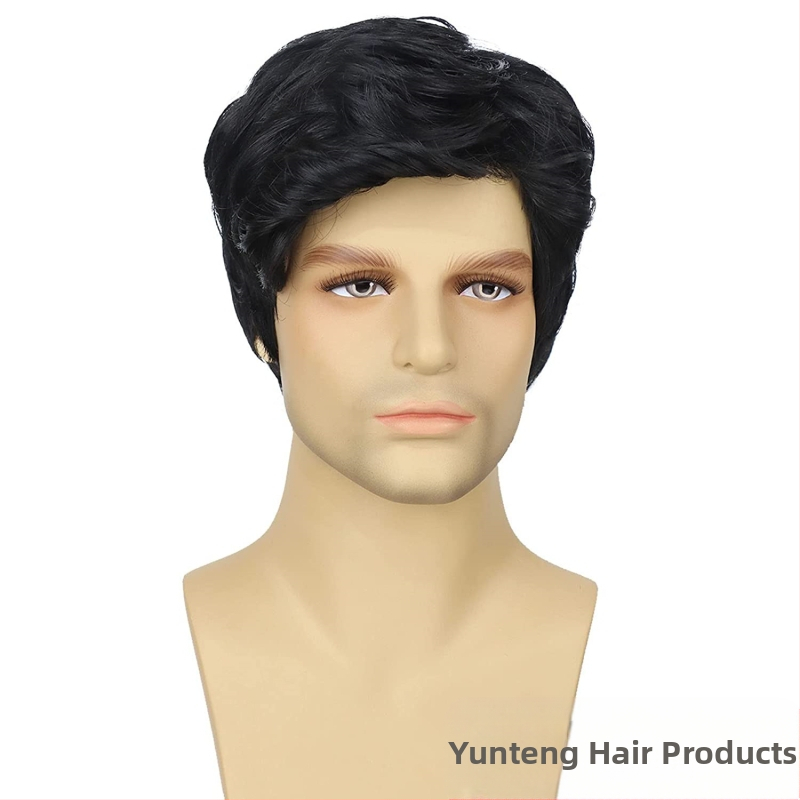 Европейска и американска трансгранична мъжка перука с кос бретон, къса, от химически влакна, копринена шапка с висока температура