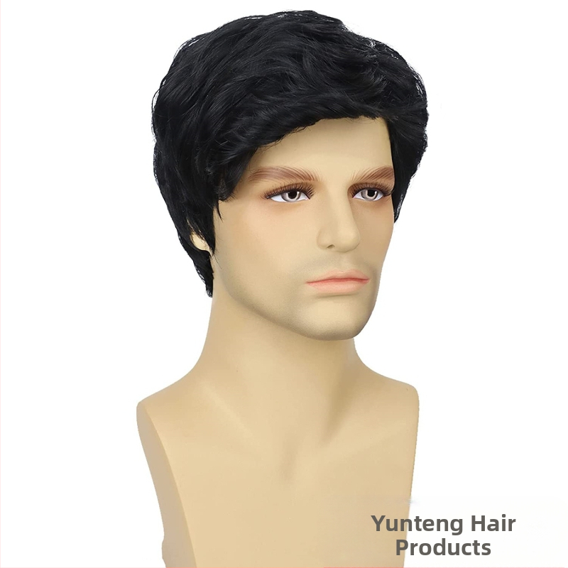 Европейска и американска трансгранична мъжка перука с кос бретон, къса, от химически влакна, копринена шапка с висока температура