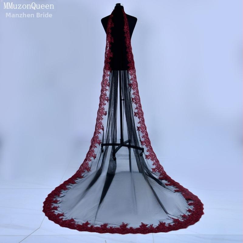 Manzhen Fashion Μεγάλο Πέπλο Νυφικό Κόκκινο Δαντέλα Μονόστρωτο με Χτενάκι Μαλακό Mnet M126