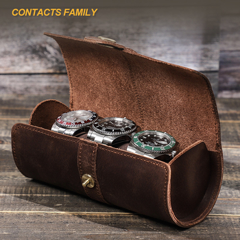 Retro Crazy Horse karvės odos apvali trijų dalių mechaninė laikrodžių dėžutė, nešiojama kelioninė laikrodžių laikymo dėžutė, sandėlyje.