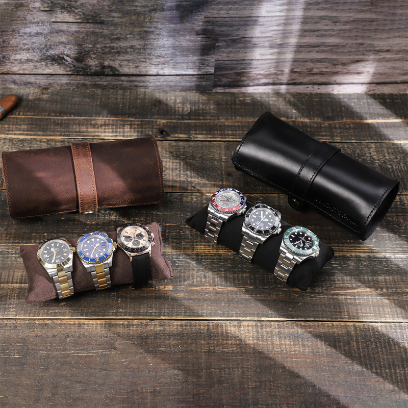 Retro Crazy Horse karvės odos apvali trijų dalių mechaninė laikrodžių dėžutė, nešiojama kelioninė laikrodžių laikymo dėžutė, sandėlyje.