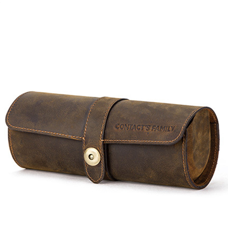 Retro Crazy Horse karvės odos apvali trijų dalių mechaninė laikrodžių dėžutė, nešiojama kelioninė laikrodžių laikymo dėžutė, sandėlyje.