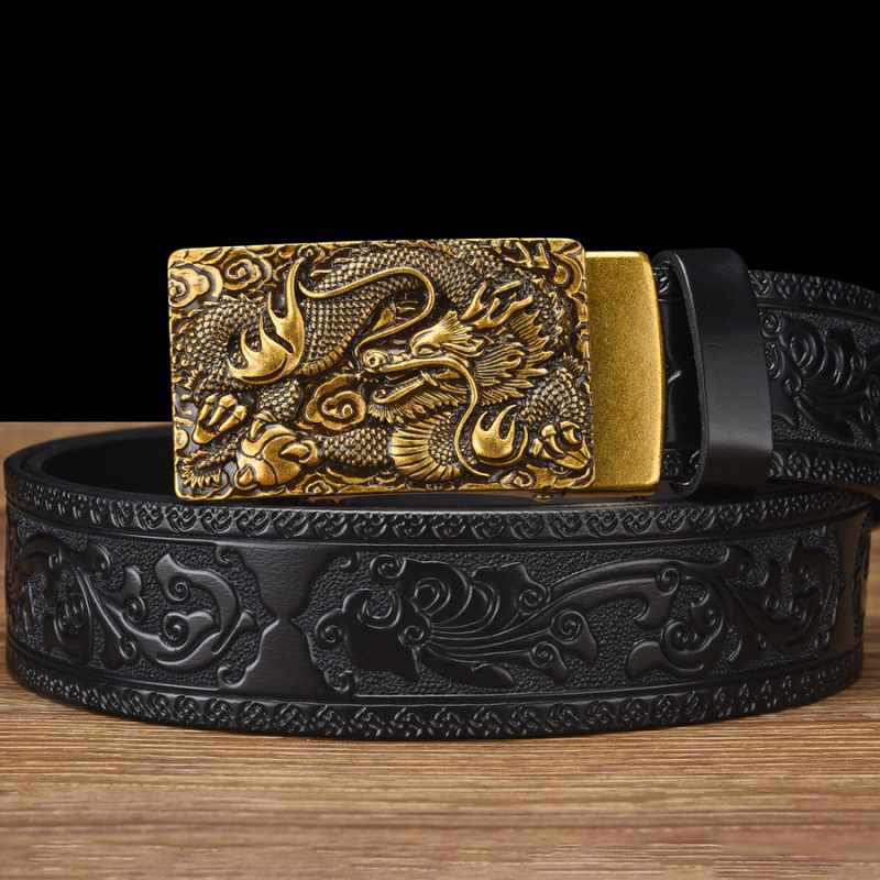 Naujas drakono galvos karvės odos diržas su automatine sagtimi, retro raižytas vyriškas jaunimo laisvalaikio džinsinis diržas su kryžminiu kraštu sandėlyje
