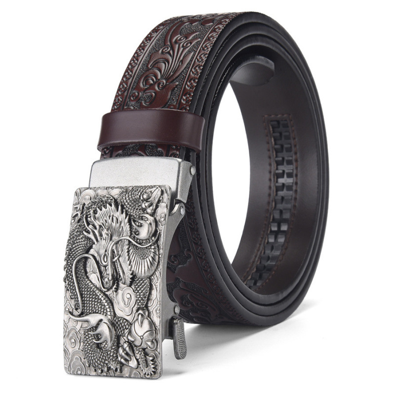 Naujas drakono galvos karvės odos diržas su automatine sagtimi, retro raižytas vyriškas jaunimo laisvalaikio džinsinis diržas su kryžminiu kraštu sandėlyje