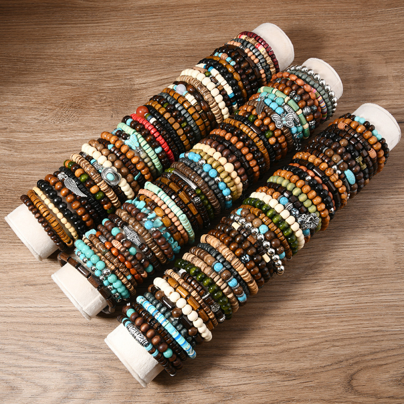 TEMU piiriülene kuum uus boheemlaslikus stiilis puidust palliga elastse joonega mitmeosaline mitmevärviline juhusliku pakkimisega saatmiskäevõru