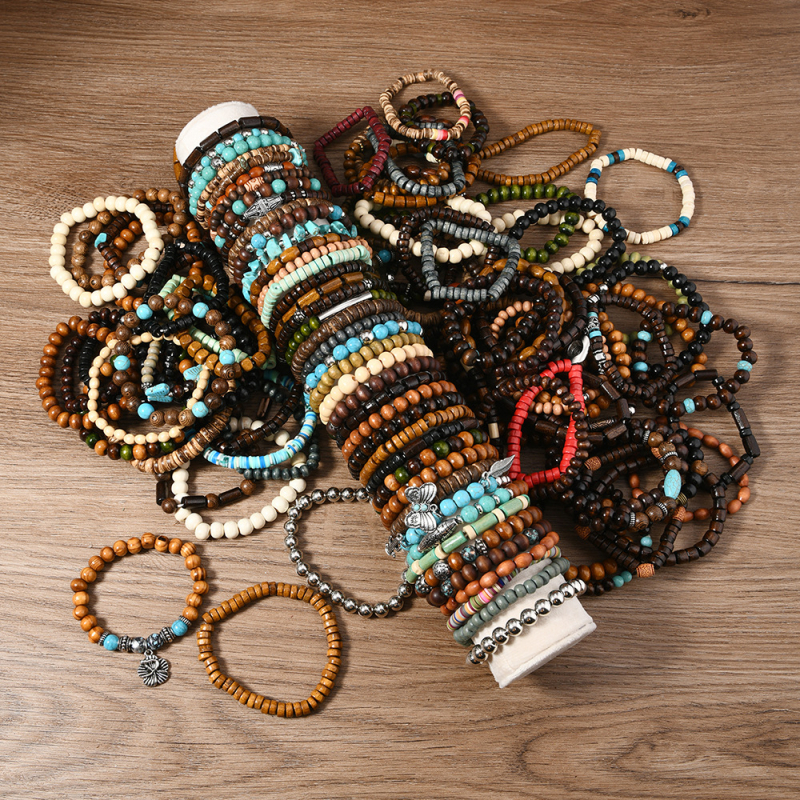 TEMU piiriülene kuum uus boheemlaslikus stiilis puidust palliga elastse joonega mitmeosaline mitmevärviline juhusliku pakkimisega saatmiskäevõru