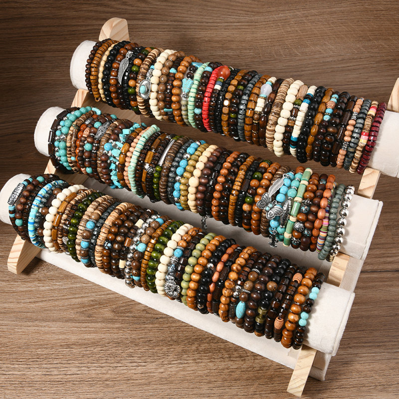 TEMU piiriülene kuum uus boheemlaslikus stiilis puidust palliga elastse joonega mitmeosaline mitmevärviline juhusliku pakkimisega saatmiskäevõru